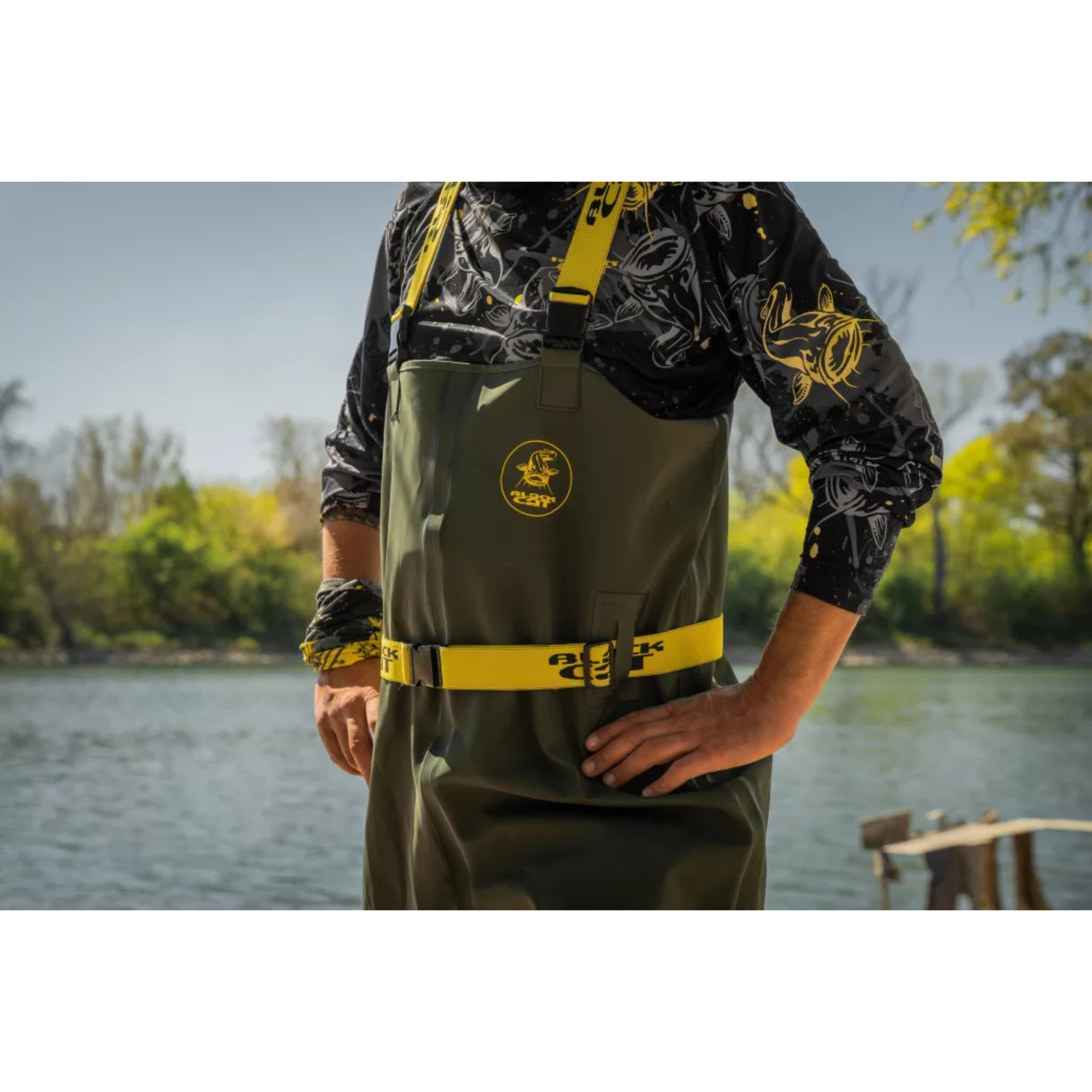 Chest waders, Olive bib, Yellow belt, Fishing gear, Outdoor apparel