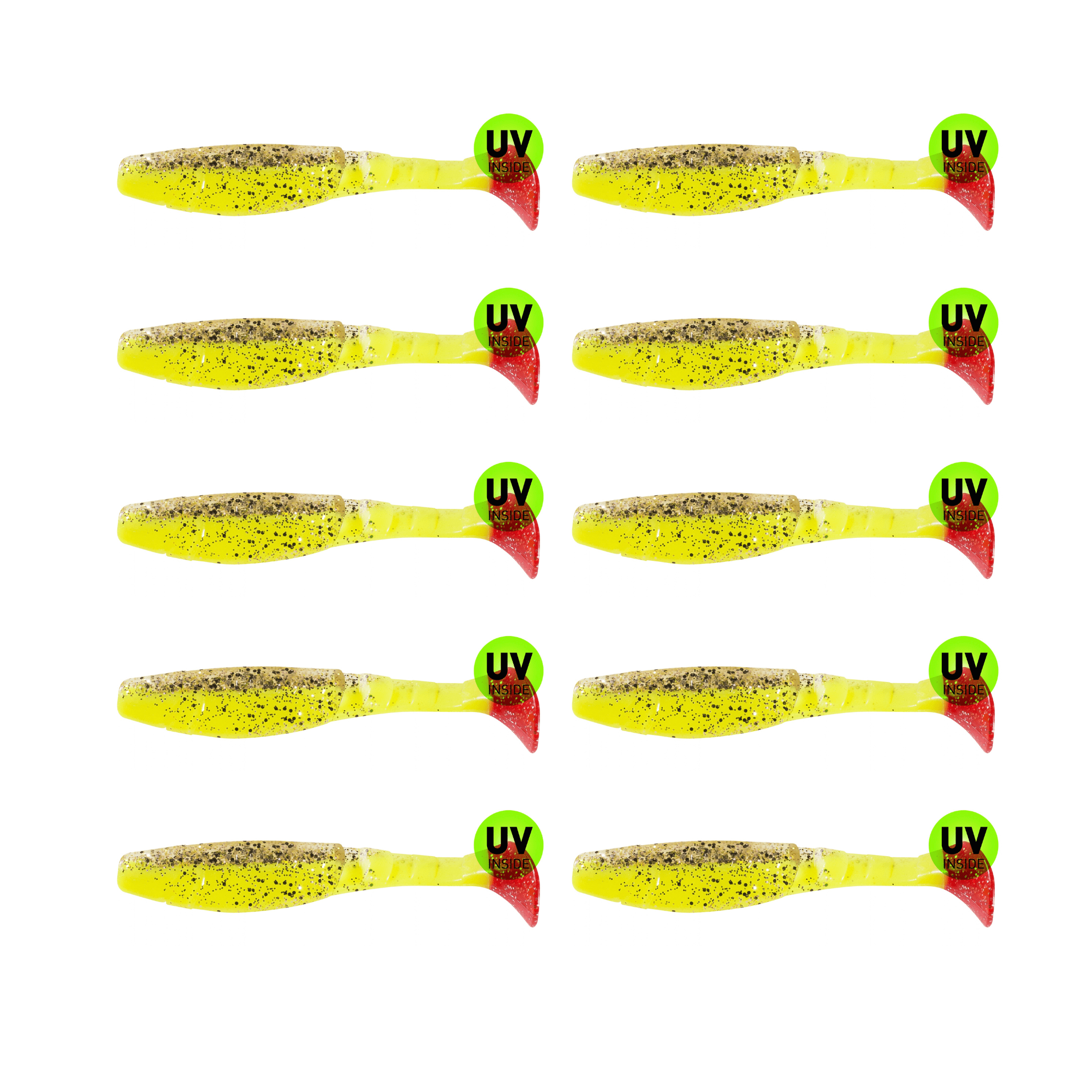 SX Relax Kopyto Classic 11cm (4") Fluogelb / Klar Kupfer / Schwarz Glitter / Red Tail 10 Stück – Bild 2, künstliche Köder, Gummiköder, Gelb, Köder, UV-Innen