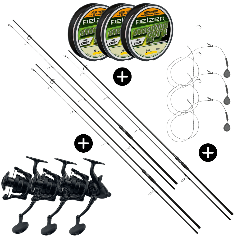 Deluxe Set completo per carpe 3x Wolf X3K 12ft 3lbs + 3x Daiwa 22 Emblem BR 10000 Mulinello a bobina libera + 3x Pelzer Executive Line 0,28mm 8kg 400m + 3x GoFish Chod Rig 40g Maschine, Sprach, Rolle, Im Freien, Eishockey-Puck