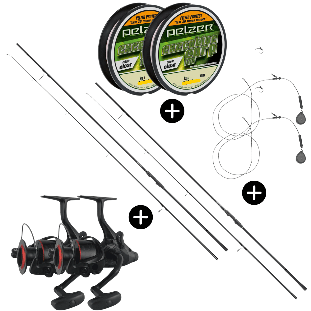 Set completo per carpe 2x Anaconda Nighthawk 3 13ft 3,5lbs + 2x Okuma Ceymar Baitfeeder 355 + 2x Pelzer Executive Line 0,28mm 8kg 400m + 2x GoFish Chod Rig 40g Rolle, Maschine, Sprach, Draußen, Eishockey-Puck