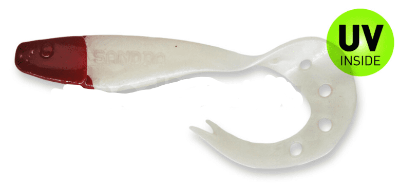 fish lure, soft plastic, curved tail, white, red head