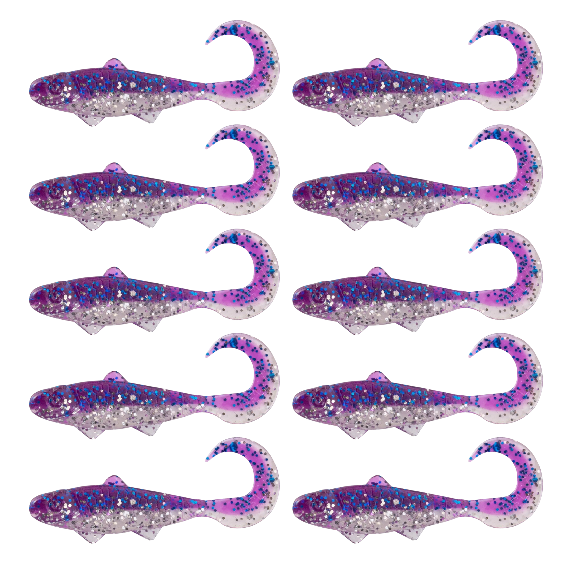 SX Relax Banjo Twister 3,5cm (1") Klar Silber Glitter / Violett Electric Blue Glitter 10 Stück – Bild 2, soft plastic 1f lure, glitter lure, purple pink, fsh shape, multi-pack