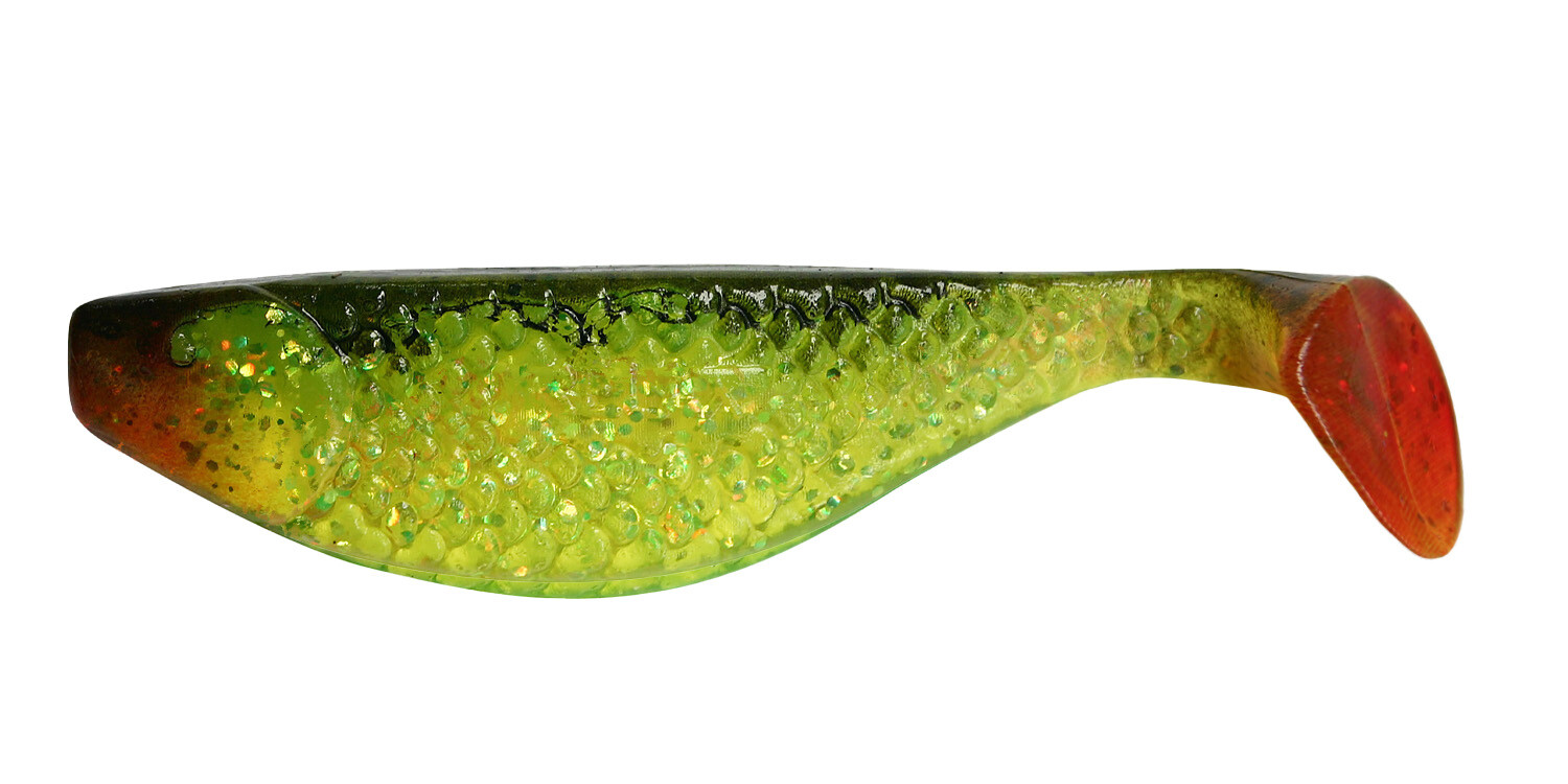 Relax Aqua 10cm (4") Grün (Chartreuse) Glitter / Schwarz 10 Stück, Köder, Gummifisch, Grün, Barschkiel, Glitzer