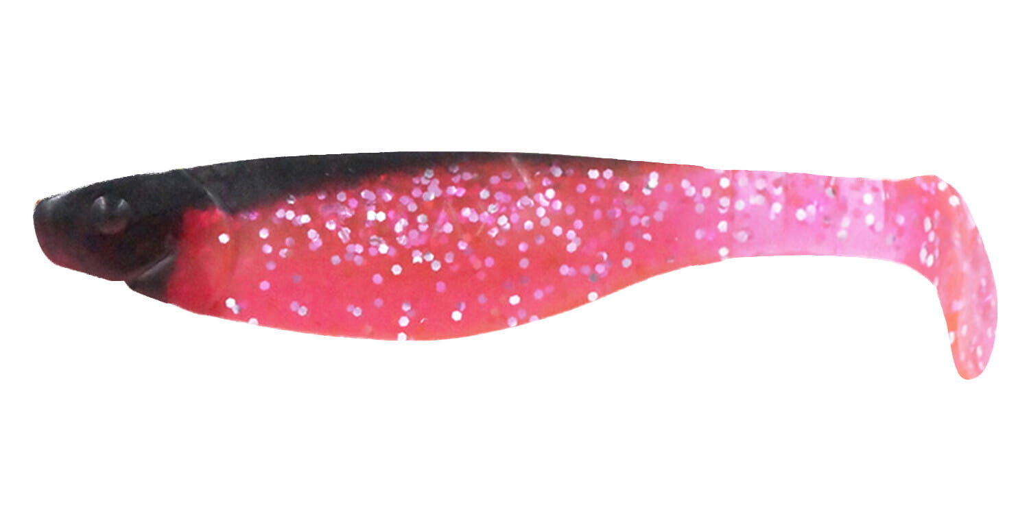 Relax River 11cm (4") Hot Pink Glitter / Schwarz 10 Stück, Gummi-Angelköder, Schwimmender Köder, Fischköder, Pink Schwarzgrün, Glitzernde Punkte