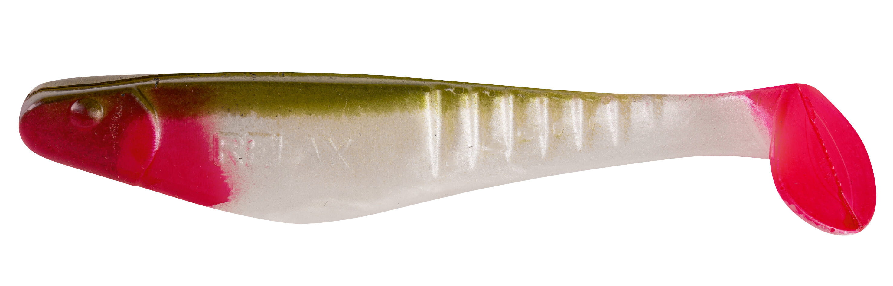 SX Relax Shark 11 cm (4") Perlweiß / Bodengrün 10 Stück, weicher Kunstoff Lockstoff?, pink tail?, weiche Köder, grüner Oberteil, Softbait