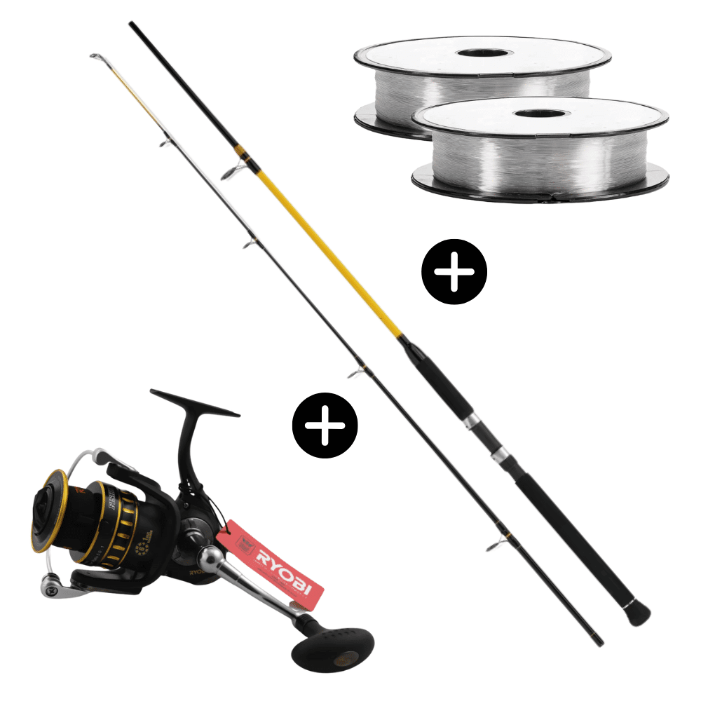 Meeres Set WFT Never Crack Senso Pilk 300cm 50-160g + Ryobi Safari 6500 + Go Fish Mono Norwegen Pilken Deadbait Raubfisch Rolle