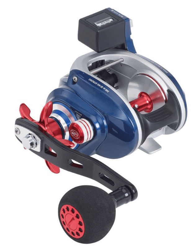WFT B-Sea Giant 300 LH LC, Elektrische Angelrolle, Multirolle, blau-silber, rote Kurbel, Schaumstoffgriff