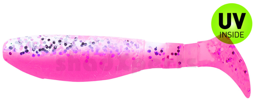 soft-plastic lure, gummi lure, pink color, glitter flakes, uv-inside