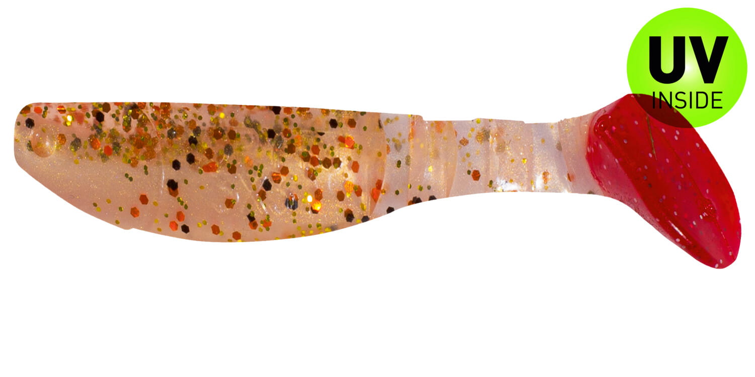 SX Relax Kopyto-Classic 8cm (3") Goldperl / Desert-Sand / Red Tail 10 Stück, gummi, glitzer, schwanz, leuchtfarben, kunstfisch