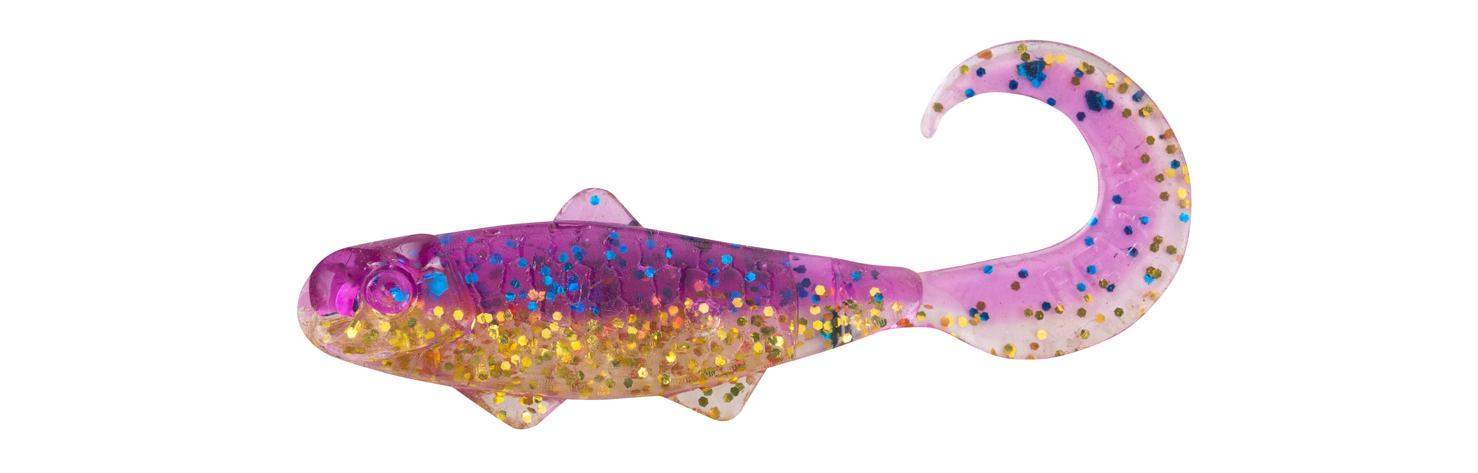 SX Relax Banjo Twister 3,5cm (1") Klar Gold Glitter Violett Electric Blue Glitter 10 Stück, softer Kunststoff Köder, Köder mit Glitzer, Pinkelila Farbverlauf, gekrümter Schwanz, Angelköder