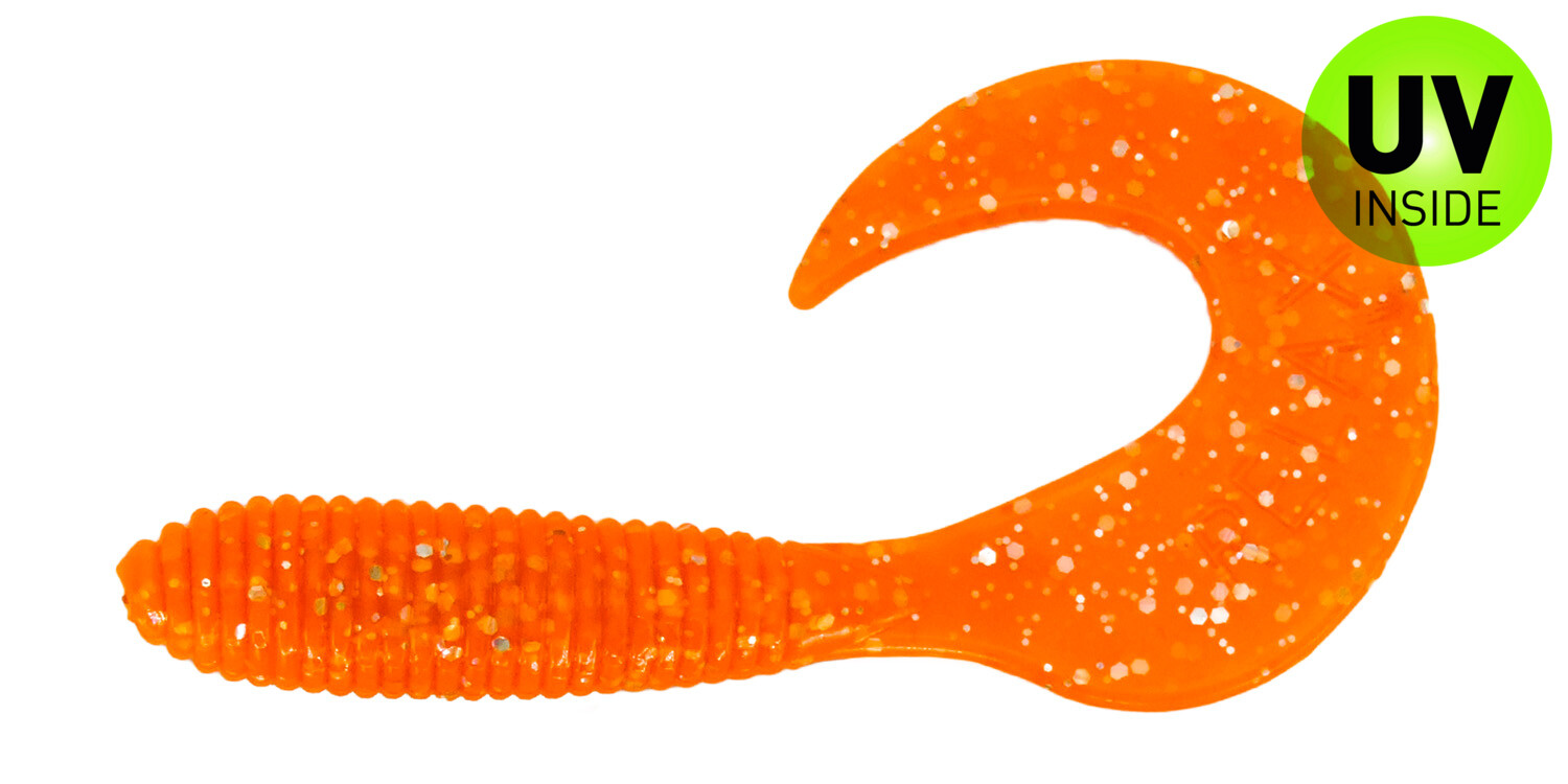SX Relax Twister 7cm (3") Regulär Klar Fluoerange Glitter 10 Stück, soft plastic lure, orange color, ribbed tail, curved tail, glitter specks