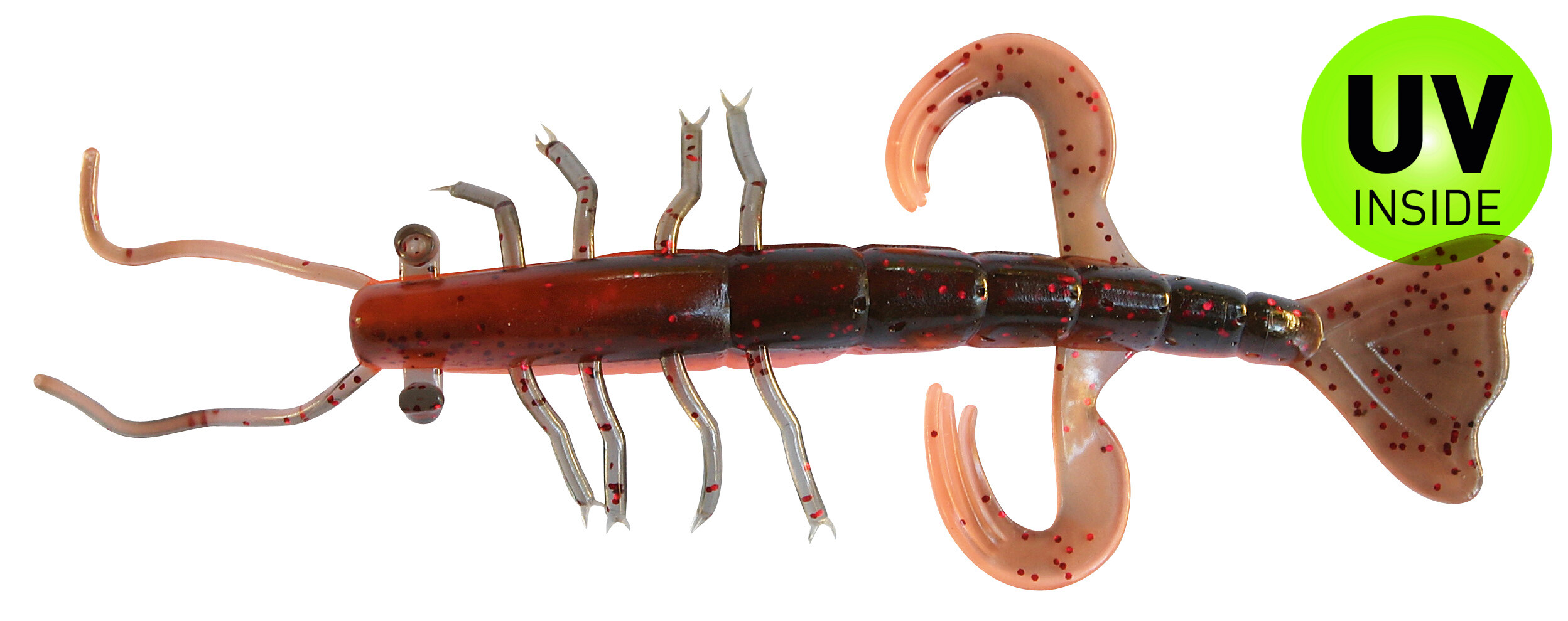 SX Relax Shrimp 8cm (3") Orange Glitter / Olivebraun Glitter 10 Stück, softes Kunststoff-Reizwurm, Gummiköder, mehrteilig, rote Flecken, UV-Innenetikett