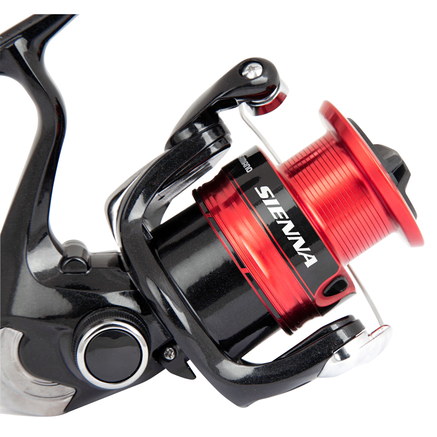 Spinning reel, Angelrolle, roter Spulenkopf, schwarzer Körper, Metallgriff