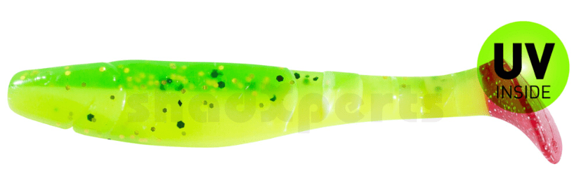 soft plastic lure, Gummiköder, Swimbait, grün-gelb, UV-Leuchte