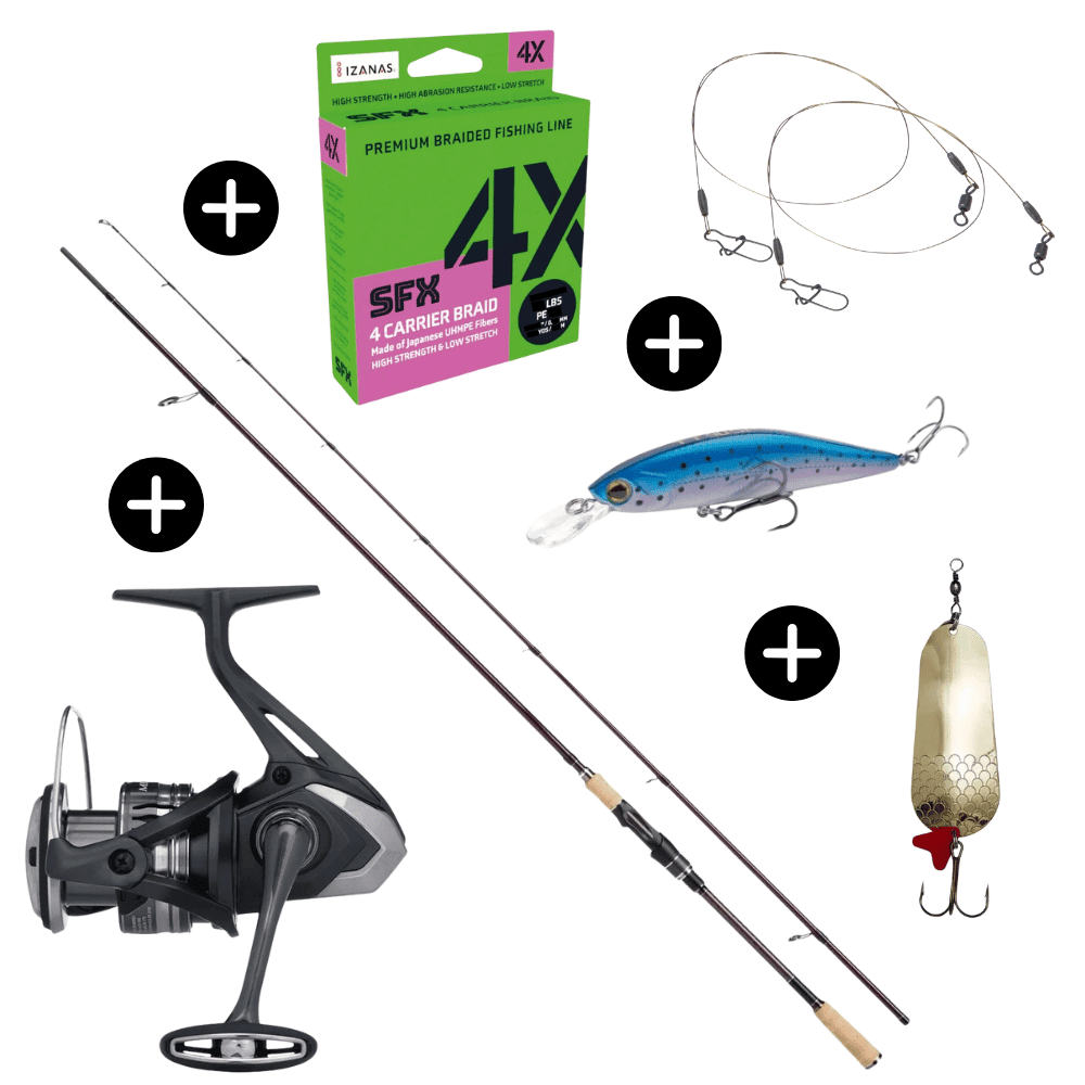 Pike Complete Set Abu Garcia Strike Pro Jigging 274cm 24-80g + Abu Garcia Max SX 4000 + Sufix 4X 275m + Sänger 1X7 Spin Rig Classic 9kg 30cm + DAM Effzett Spinner Gold 16g + Shimano Yasei Trigger Twitch 12cm 16g Angler, Freizeitaktivitäten, Draußen, Person, Wasser