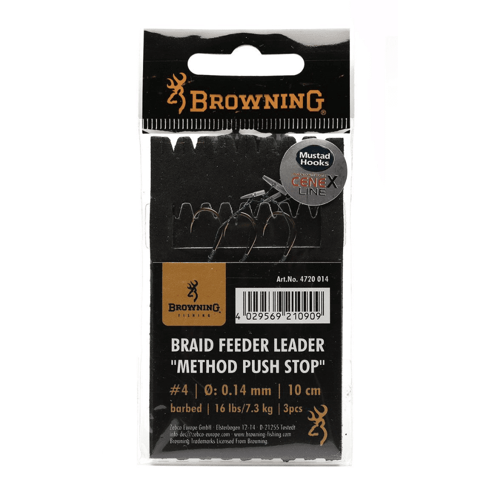 Browning Braid Feeder Leader Method Push Stop Größe 4 0,14 mm 7,3 kg 10 cm 3 Stück