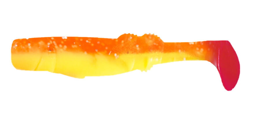 Relax California 11cm (4") Fluogelb / Orange-Silber-Glitter 10 Stück, Gummifisch, Gummibauch, Schwanz, Mehrfarbig, Gummiköder