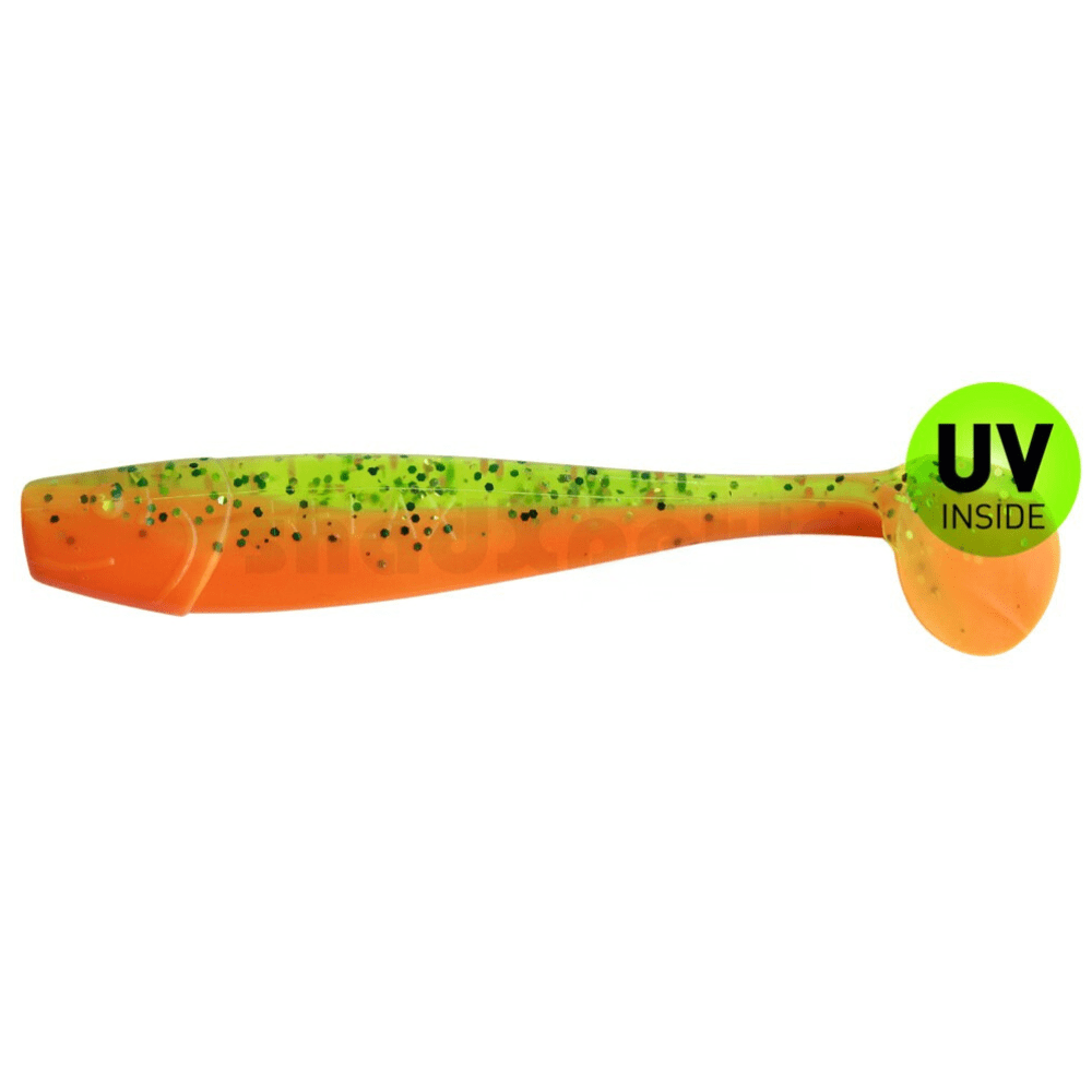 Weichplastik-Lure, Fliegen-Lure, Swimbait, Orange-Grün Glitzer, UV-Innen