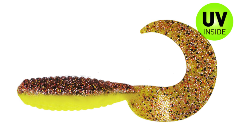 weiches Kunststoffköder, glitzernder Angelköder, gekrümmter Schwanz, leuchtendes Gelb, UV-Innenliebe