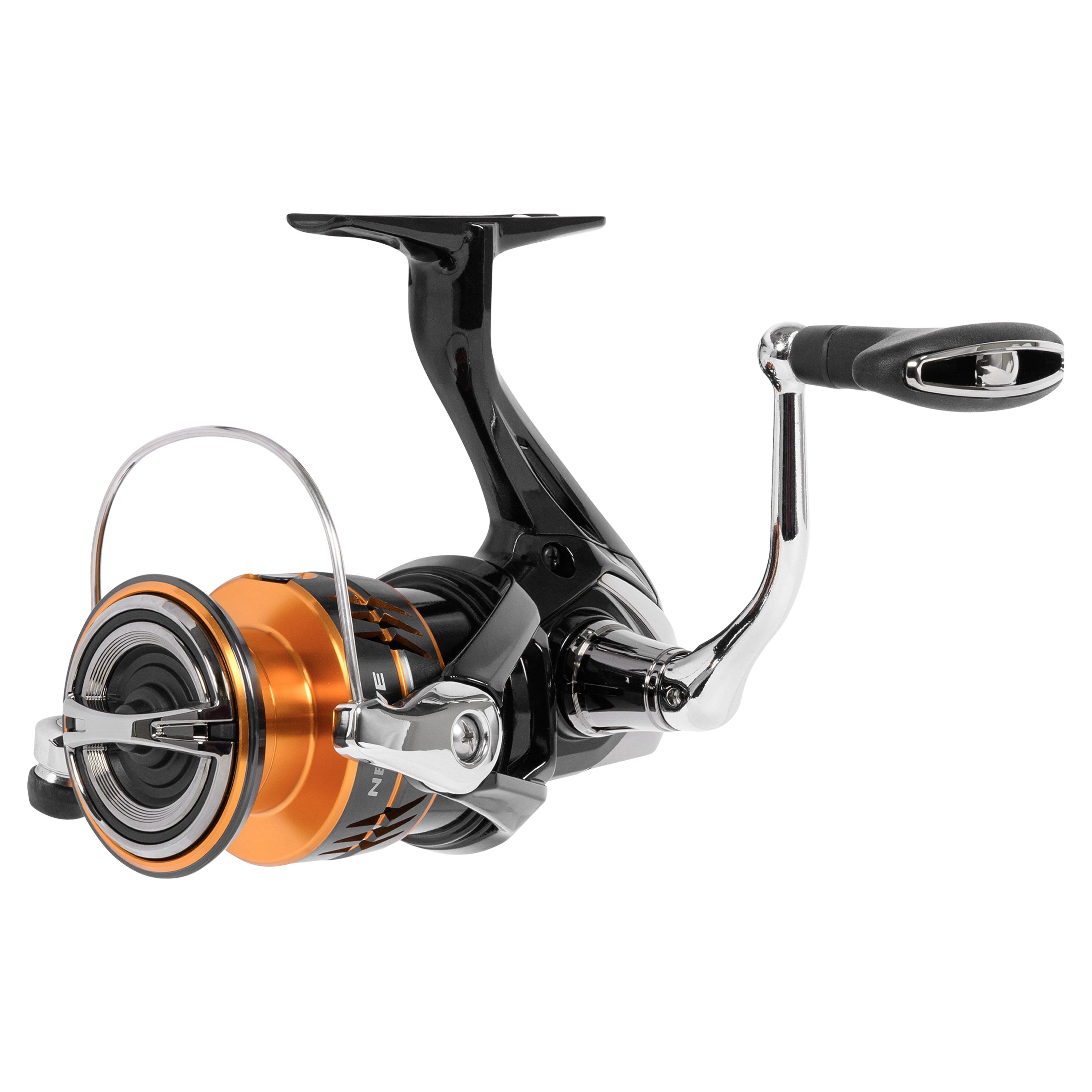 Angeln, Spinningrolle, Karbon/Metall, Orangene Trommel, Griff