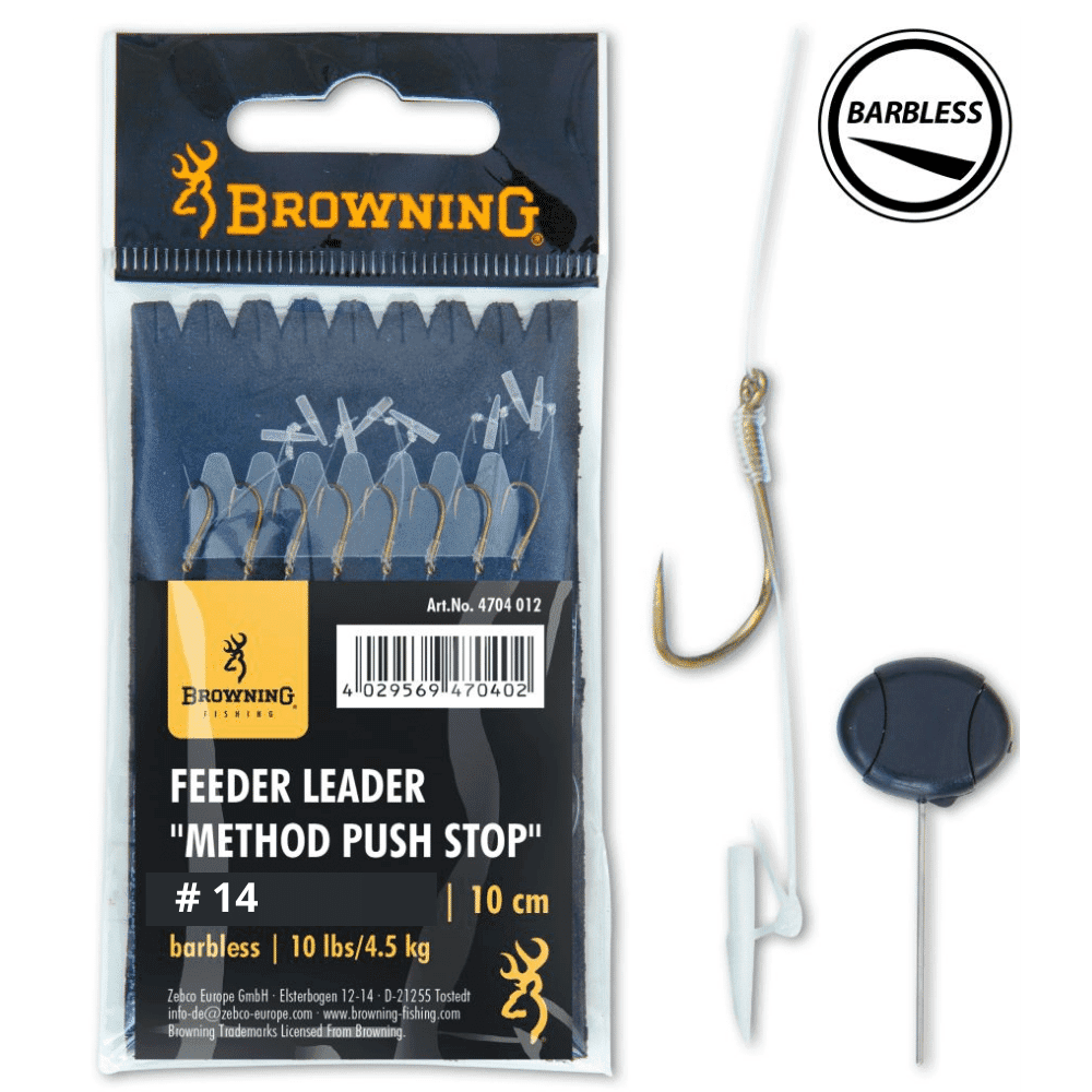 Browning Feeder Leader Method Push Stop Größe 14  0,22 mm 4,5 kg 10 cm 8 Stück