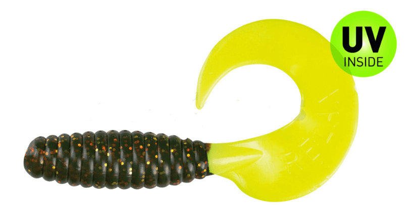 soft plastic lure, curly tail, swimbait, black brown ribbed body, yellow tail