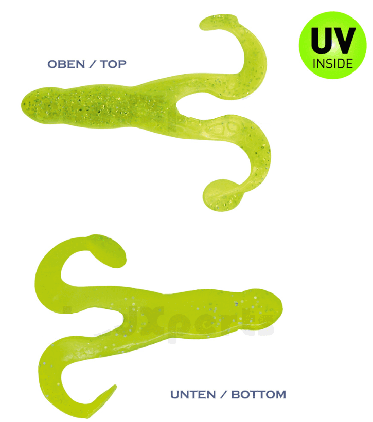 flexible lure, soft plastic, green color, glitter specks, top and bottom view