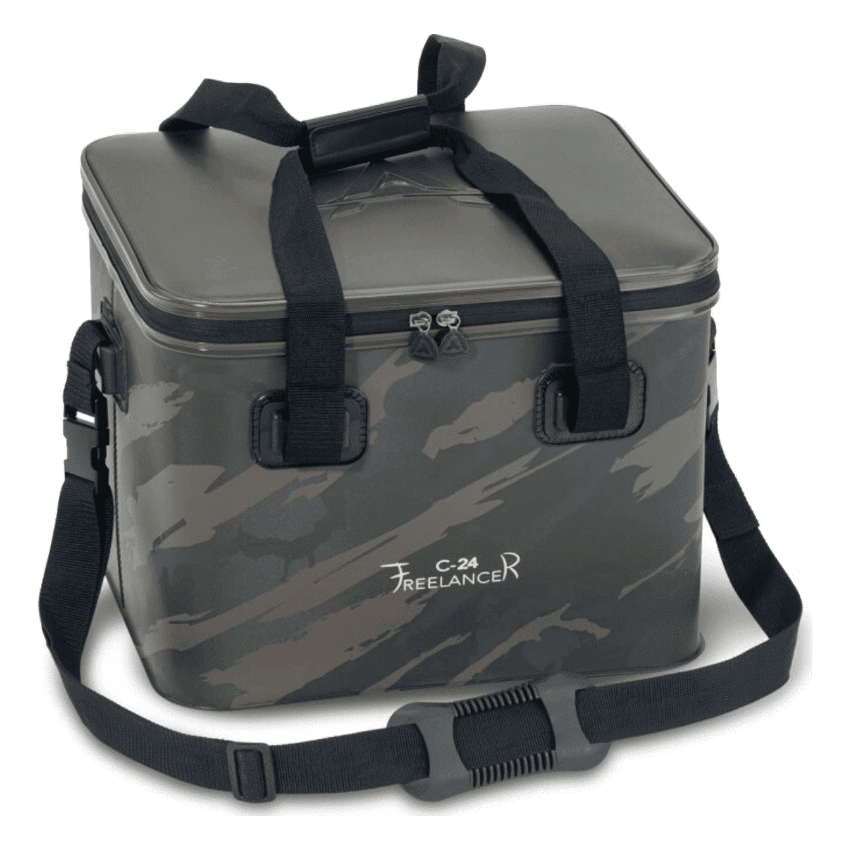 Angeltasche, Tarnmuster, Schultergurt, Reißverschluss, Hartschalenbox
