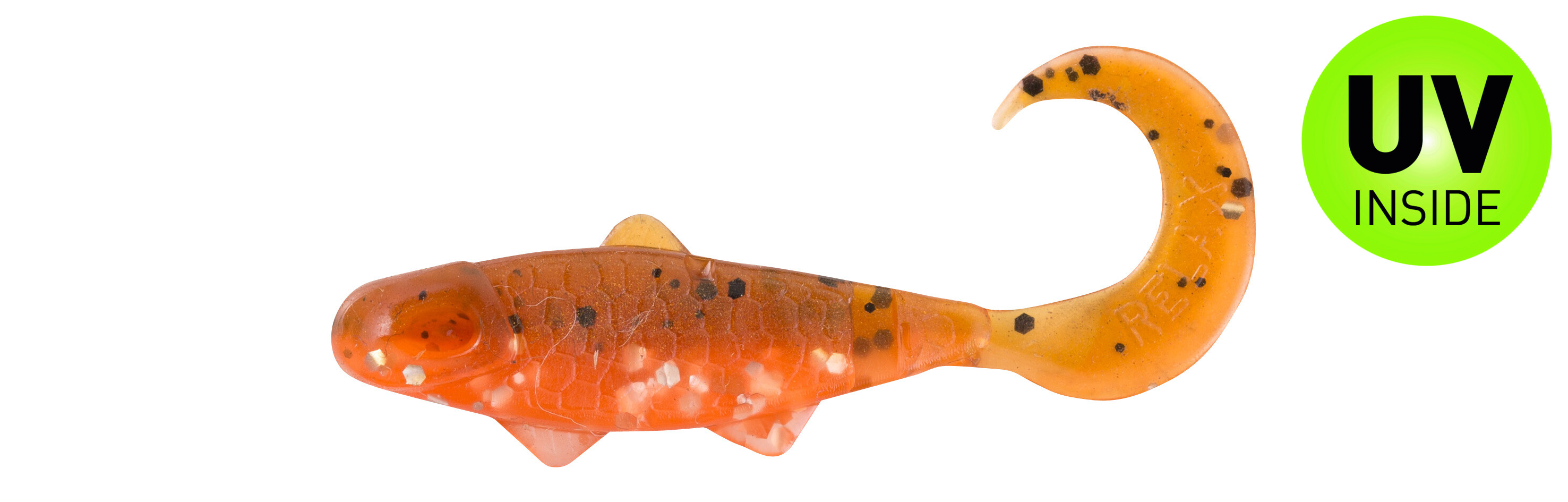 SX Relax Banjo Twister 3,5cm (1") Orange Glitter Olivenbraun Glitter 10 Stück, weicher Kunststoff, Minnow-Attrappe, orangefarbener Köder, gekrümmter Schwanz, UV-Innenwirkung