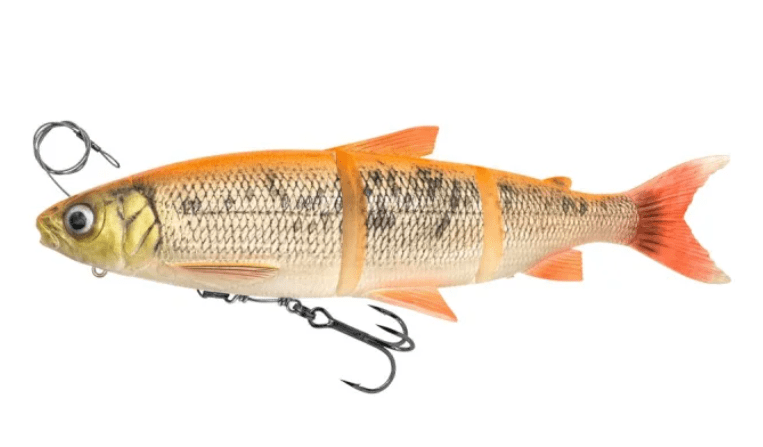 fishing lure, hardbody lure, diving lure, orange tail, hooks included