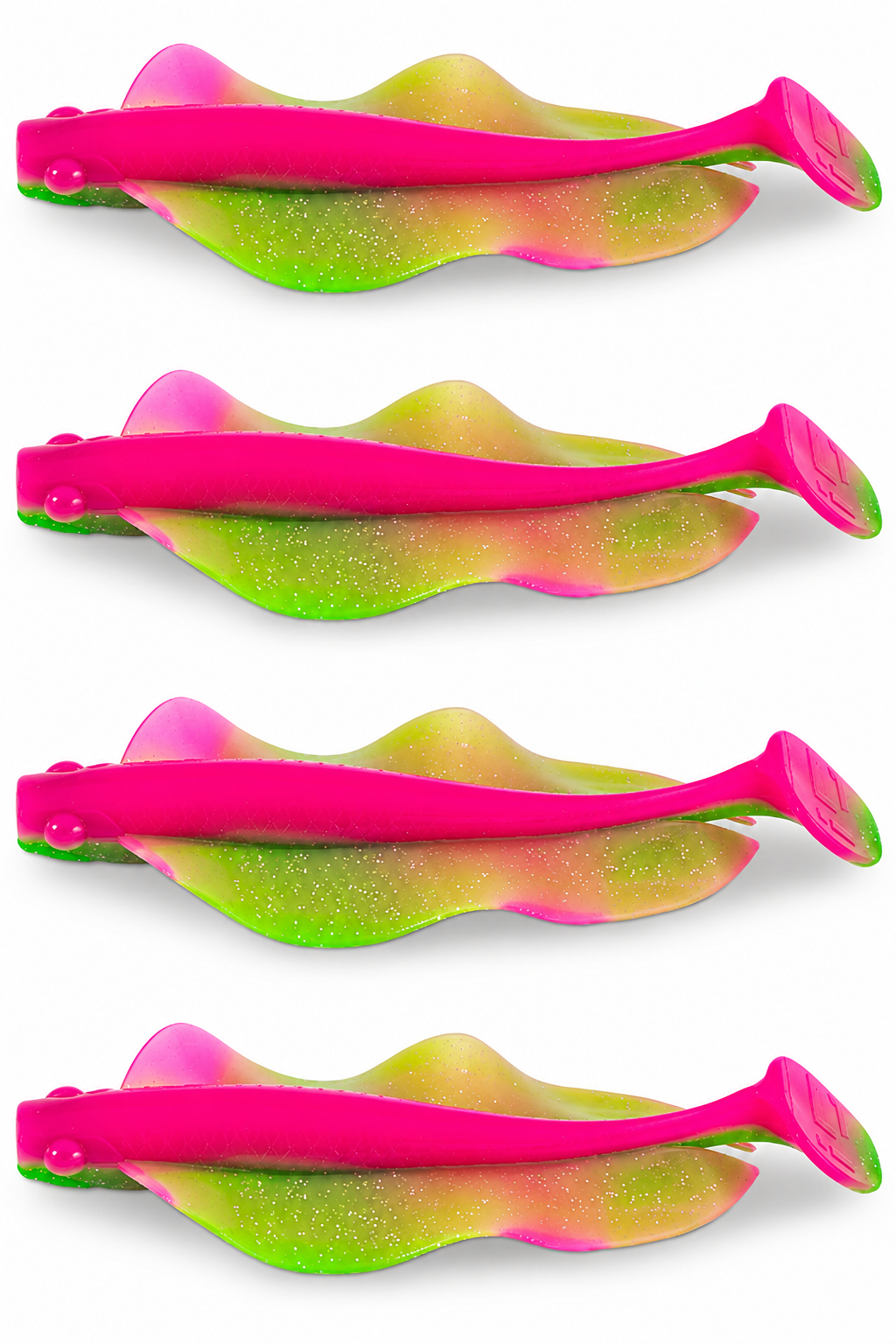 Iron Claw Hecht & Zander Wave Glider 13cm Watermelon 4 Stück, Kunstköder, Gummiköder, Paddelschwanz, Pink-grün, Glitzer