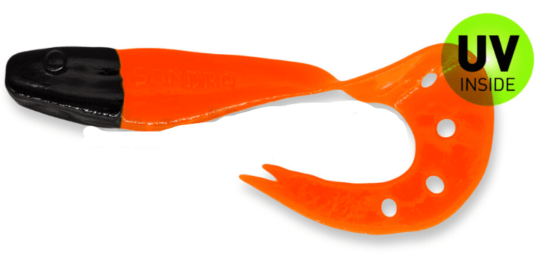 fishing lure, soft plastic, orange, hole pattern, UV inside