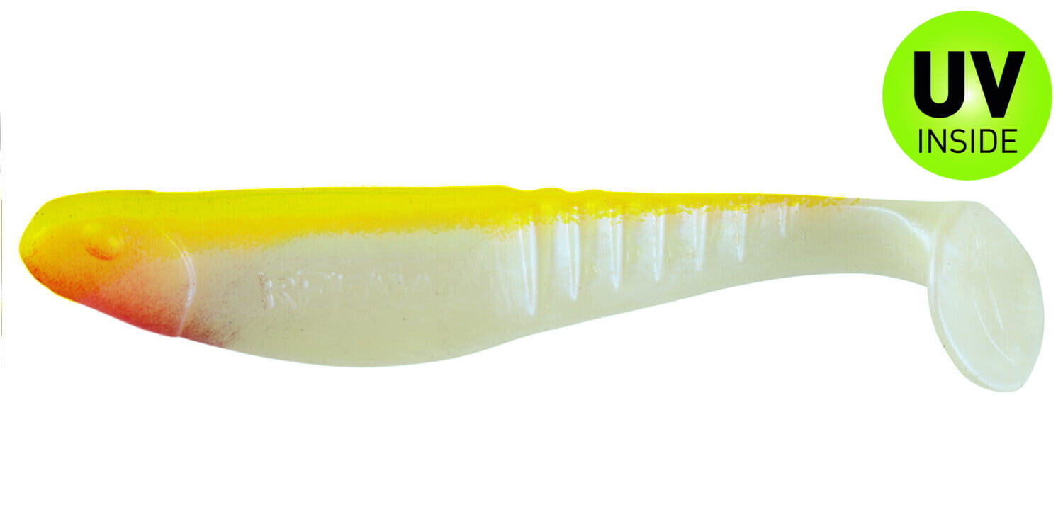 SX Relax Shark 11 cm (4") Blauperl / Fluogelb 10 Stück, Gummifisch, Köder, Gelb-weiß, Softbait, Kunststoffköder