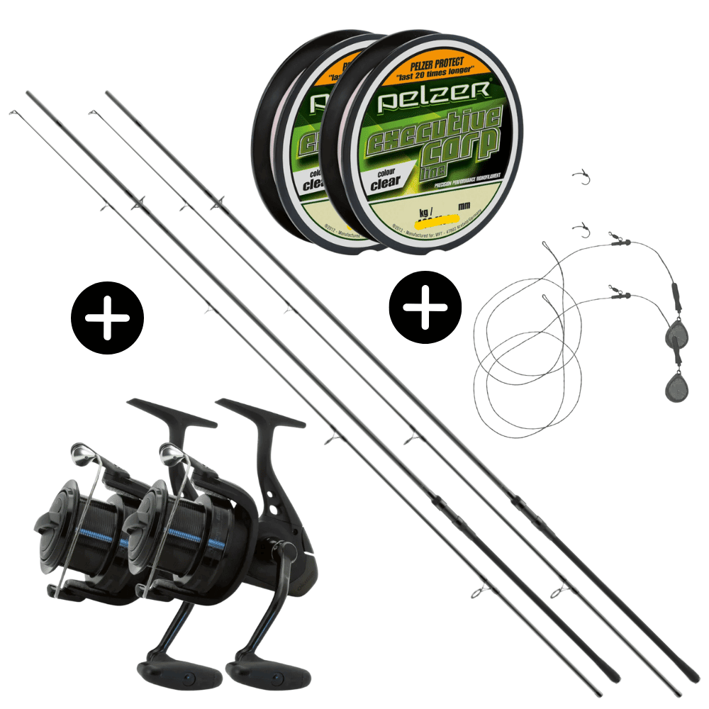 Daiwa Karpfen-Komplett-Set 2x Black Widow XT Carp 12ft 3lbs + 2x Okuma Interceptor Carp IT-60 + 2x Pelzer Executive Line 0,28mm 8kg 400m + 2x GoFish Chod Rig 40g Rolle