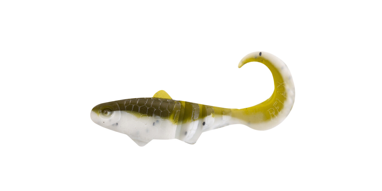 SX Relax Banjo Twister 3,5cm (1") Reinweiß Olive-Tree-Glitter 10 Stück, Köder, Kleines Modell, Gummifisch, Karpfen-Form, Fischimitat