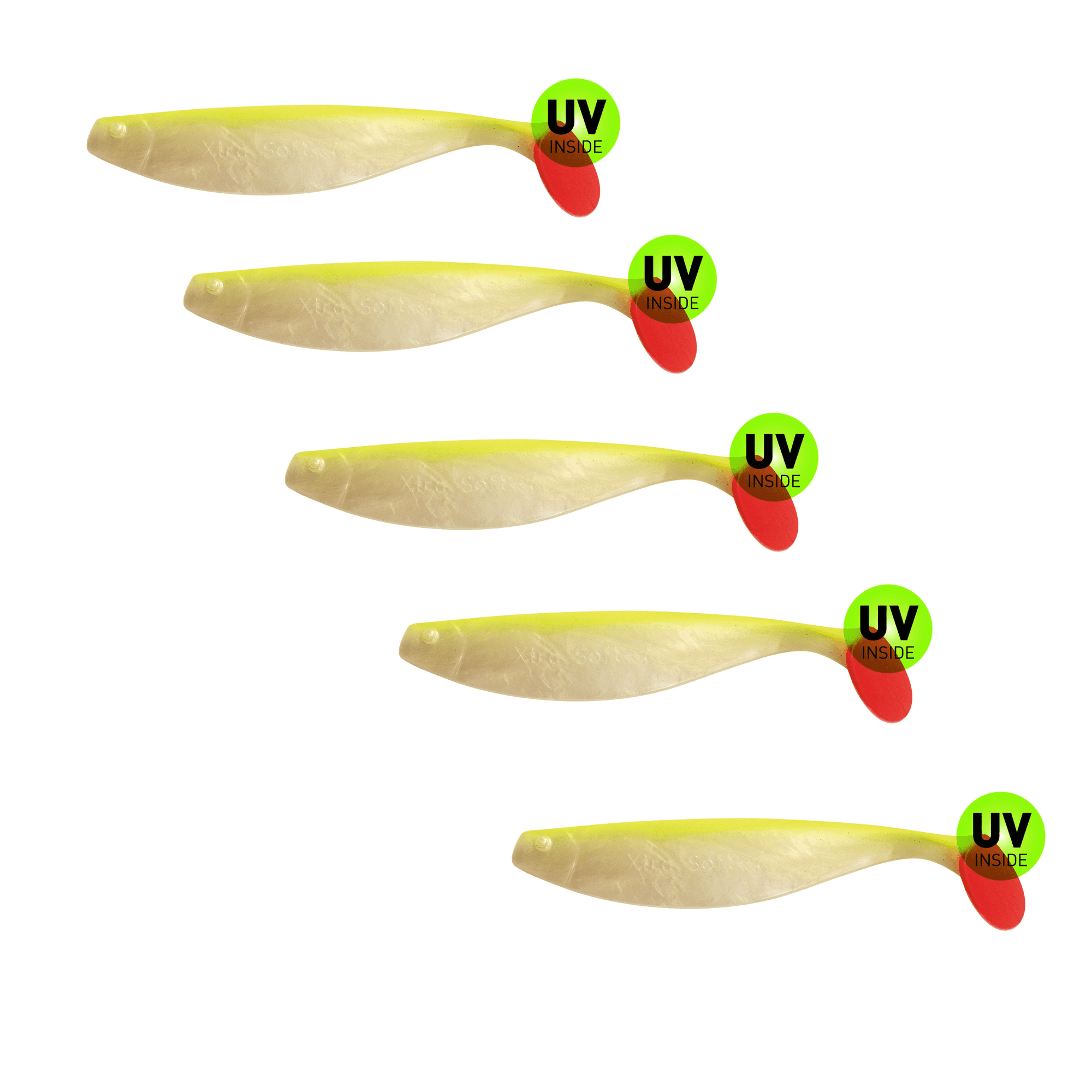 SX Relax Xtra Soft 18cm (7") Goldperl / Fluogelb 5 Stück – Bild 2, soft-plastices lure, Softbait, Angelhaken aber irrelevant, swimbait, Grün-Gelber Körper