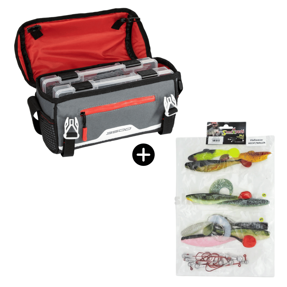 Snoek en Meerval Stromend Water Set Plano Tas 3600 + SX Doelvis-Set Snoek/Meerval Stromend Water 10 Shads 8 Jigkoppen Erste Hilfe