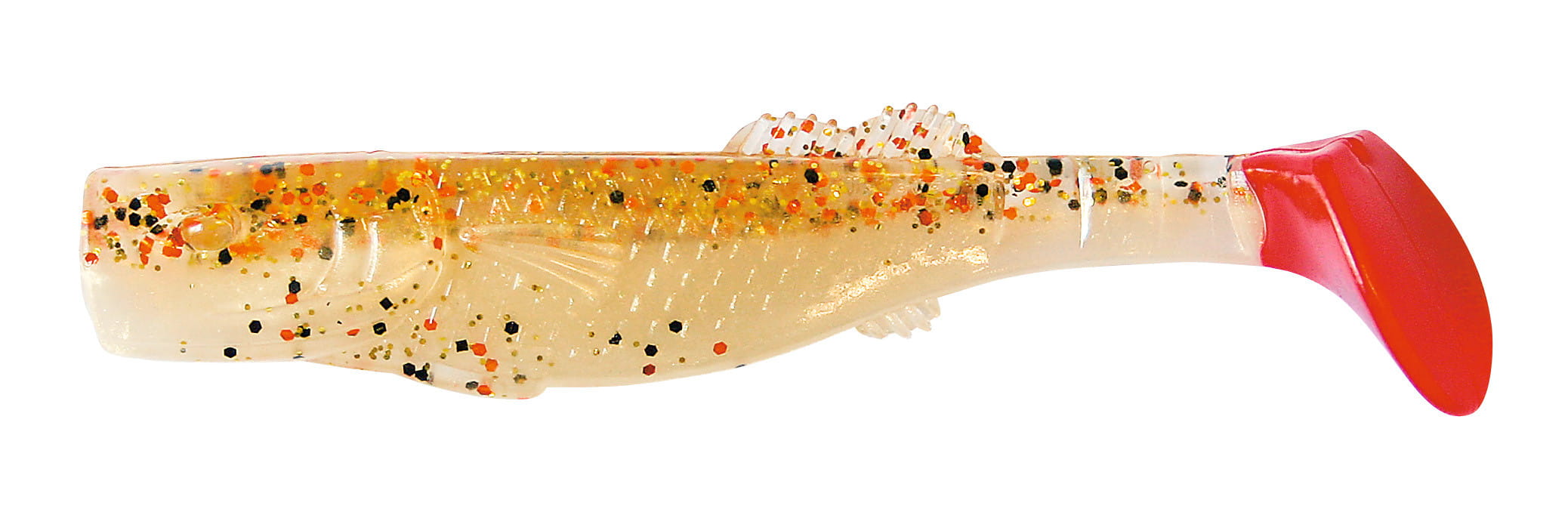 Relax California 11cm (4") Goldperl / Desert Sand 10 Stück, weicher Kunststoffköder, glitzernde Funken, Röhrenkörper, roter Schwanz, Angelselbstlure