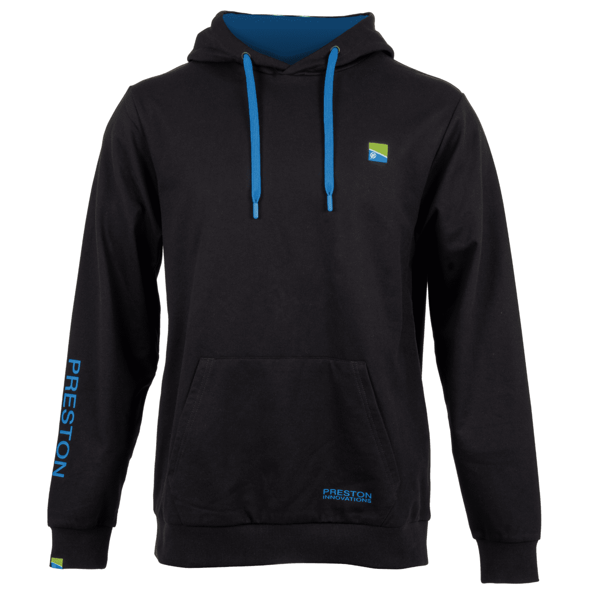 hoodie, schwarzer hoodie, blauer kordel, vordertasche, logo-patch