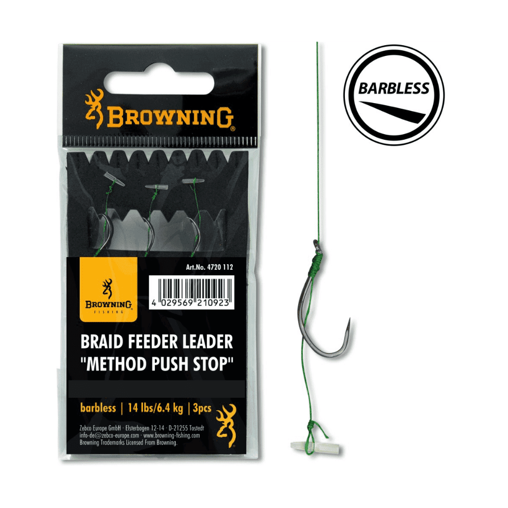 Browning Braid Feeder Leader Method Push Stop Größe 6 0,12 mm 6,4 kg 10 cm 3 Stück