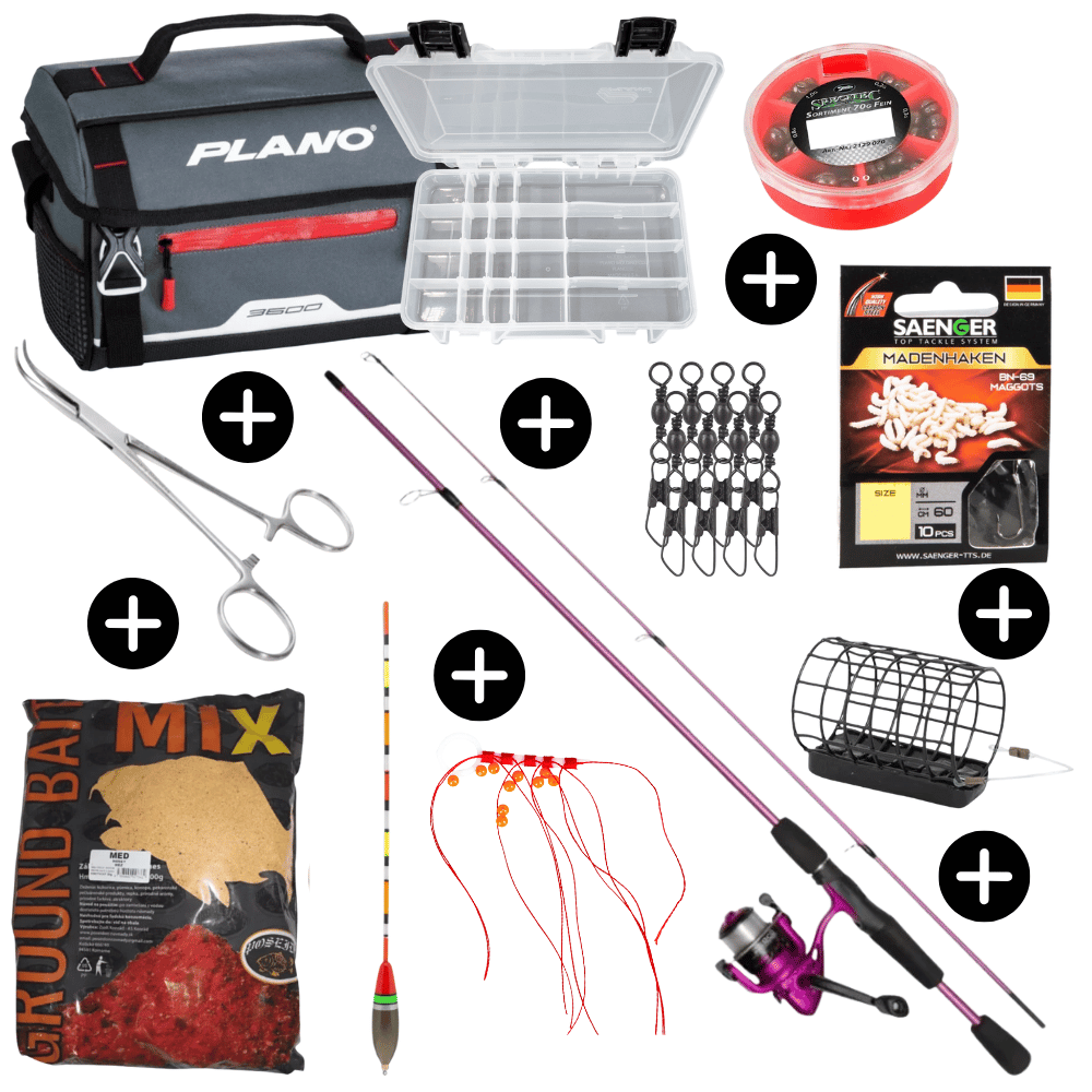 Kinder Komplett Set Rute + Rolle + Schnur + Tasche + Futter + viel Zubehör + über 30 Teile