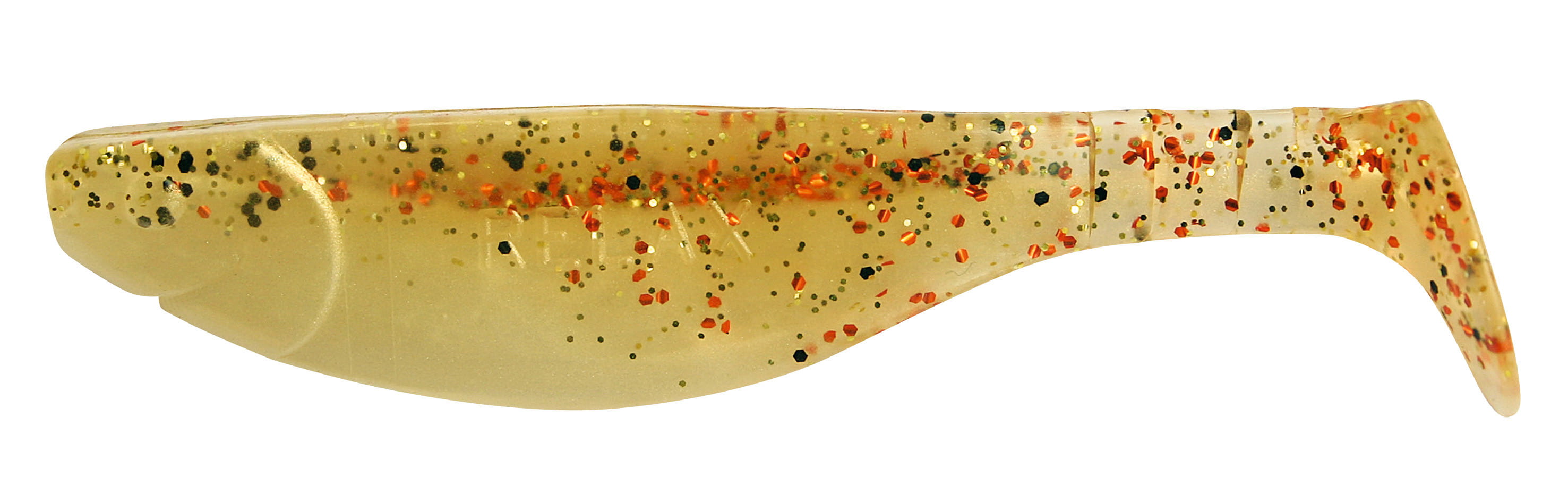Relax Kopyto River 11cm (4") Goldperl / Desert-Sand 10 Stück, soft-plastic lure, glitter lure, swimbait tail, yellowish lure, red black speckles
