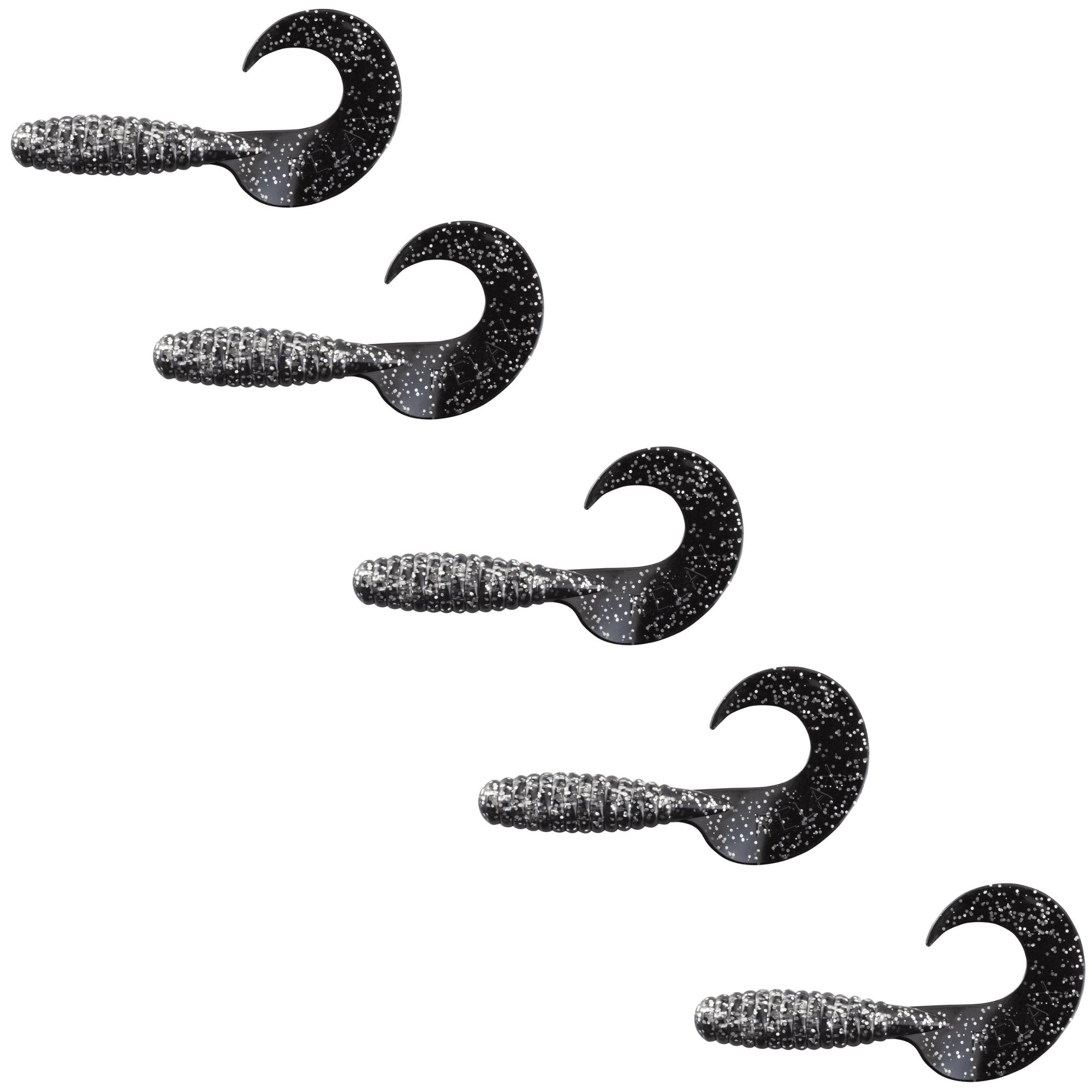 Relax Xtra Fat Grub 13 cm (5,5") Klar Silber Glitter / Schwarz 5 Stück – Bild 2, weichplastik Köder, Angelhaken, gekrümmter Schwanz, Glitzer schwarz, Mehrfachpack