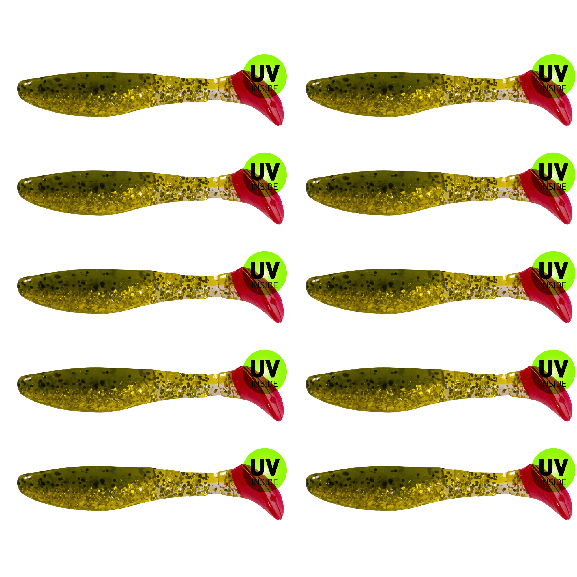 SX Relax Kopyto Classic 8cm (3") Dunkelgrün Glitter Klar Gold Glitter Red Tail 10 Stück – Bild 2, weicher Plastikrute, Bootsschwanz Wurm, grün gelb, Glitzer, UV innen