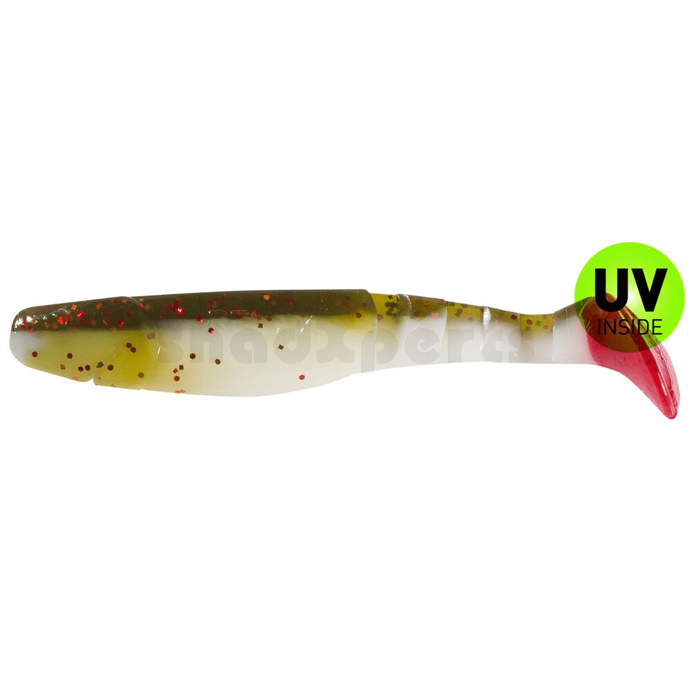 soft_plastic_lure, swimbait, grün_braun_gradient, glitzer_punkte, rosa_schwanz