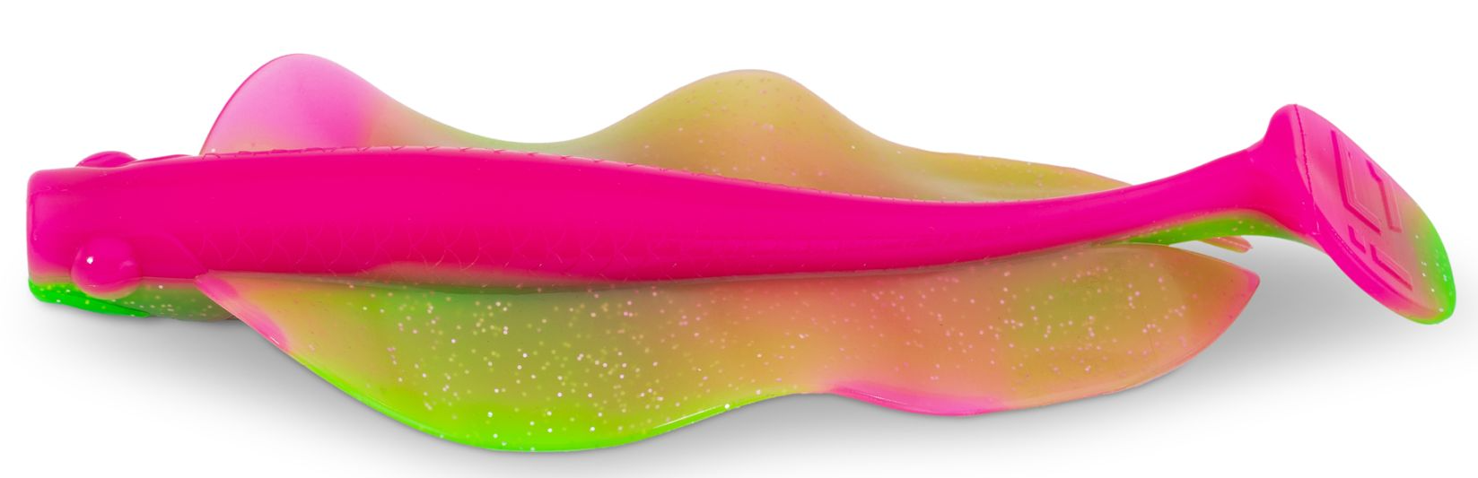 Iron Claw Hecht & Zander Wave Glider 13cm Watermelon 4 Stück – Bild 2, Gummiköder, Angelköder, Paddelschwanz, Pink-grün, Glitzer
