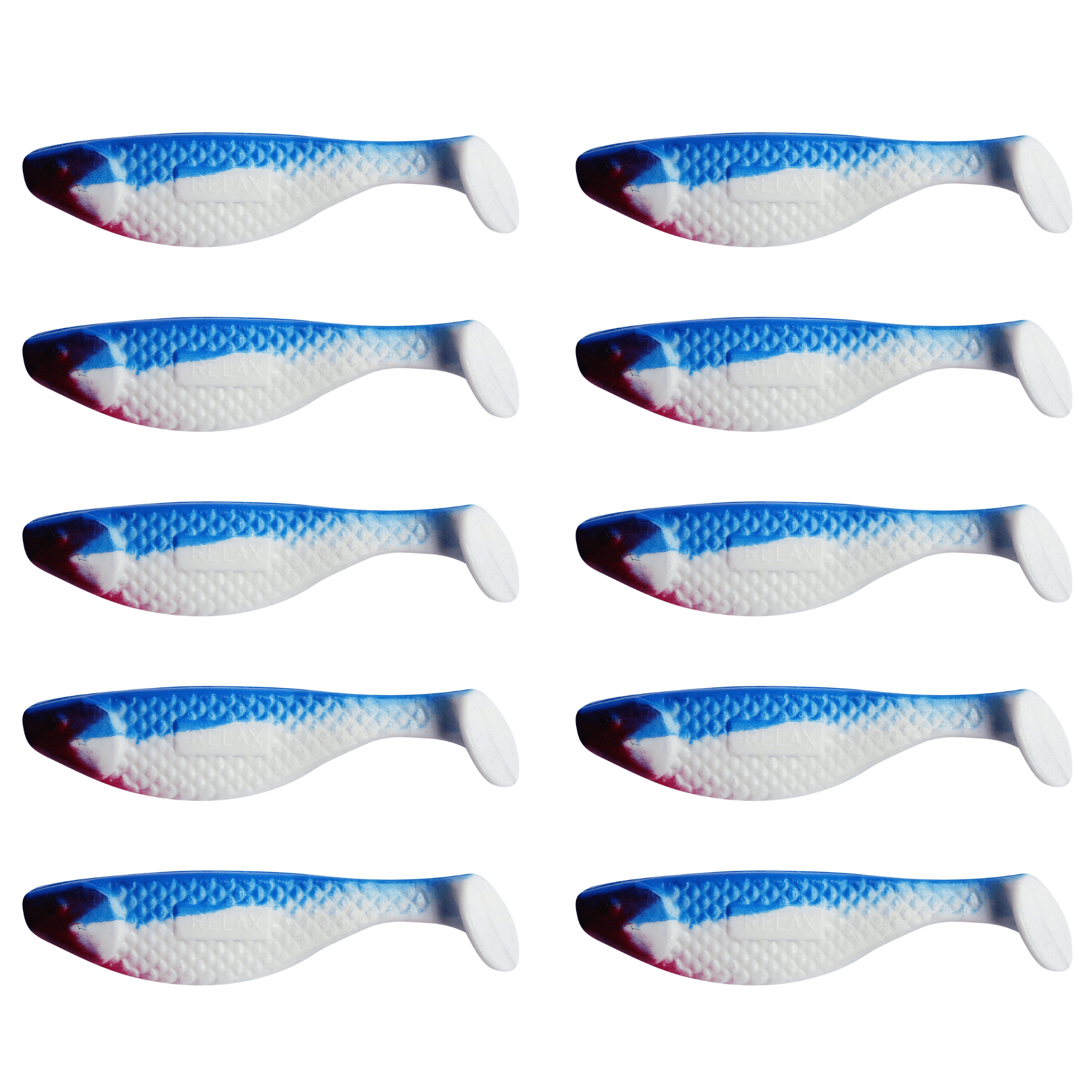 Relax Aqua 10cm (4") Reinweiß / Blau 10 Stück – Bild 2, weicher Kunststoffköder, Anglerköder, Minnow-Form, blau weiß rot, Mehrfachpackung 10