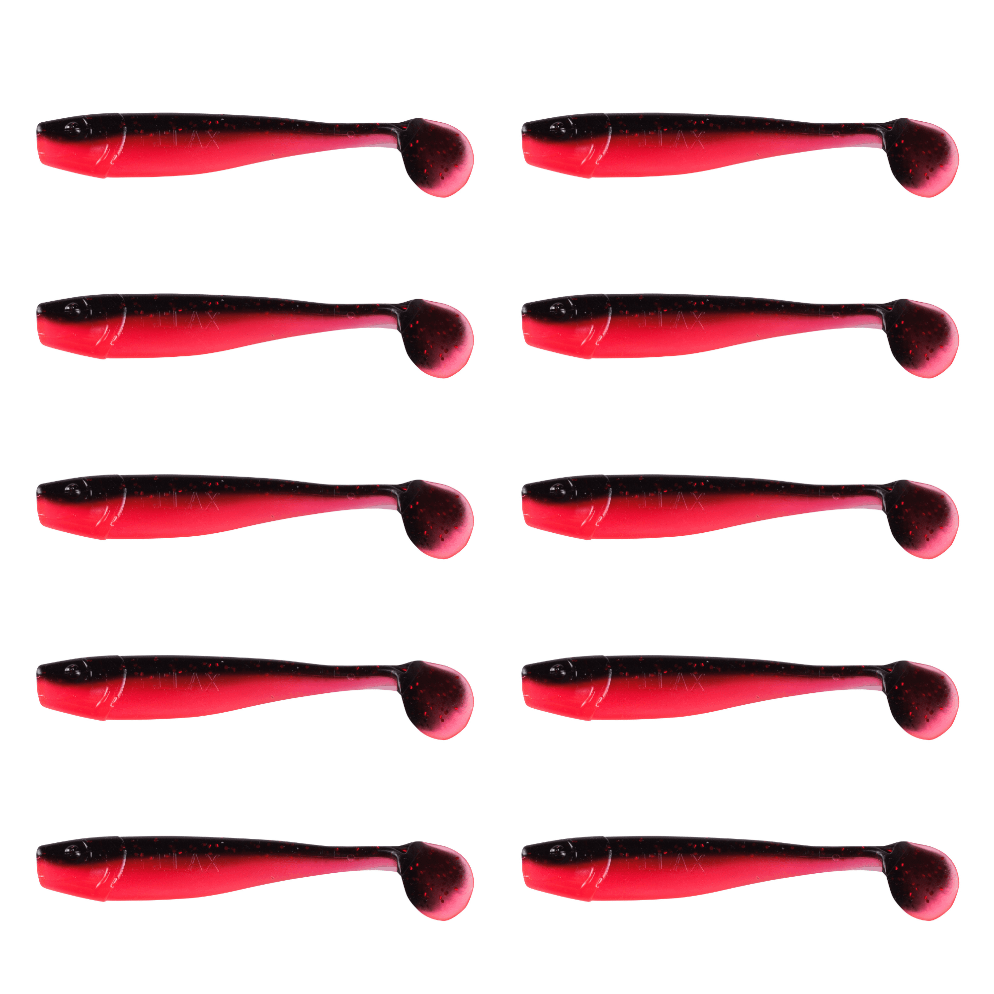 Relax King Shad 11cm (4") Feuerrot / Schwarz Rot Gold Glitter 10 Stück – Bild 2, weiches Plastikbakin, Angellure, leuchtend rot, Softbait, Doppelschwanz-Paddel