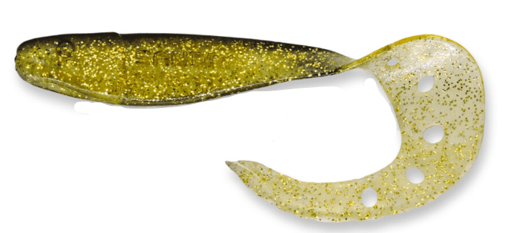 soft-plastic lure, fish lure, glittery green, weedless tail, curved plastic