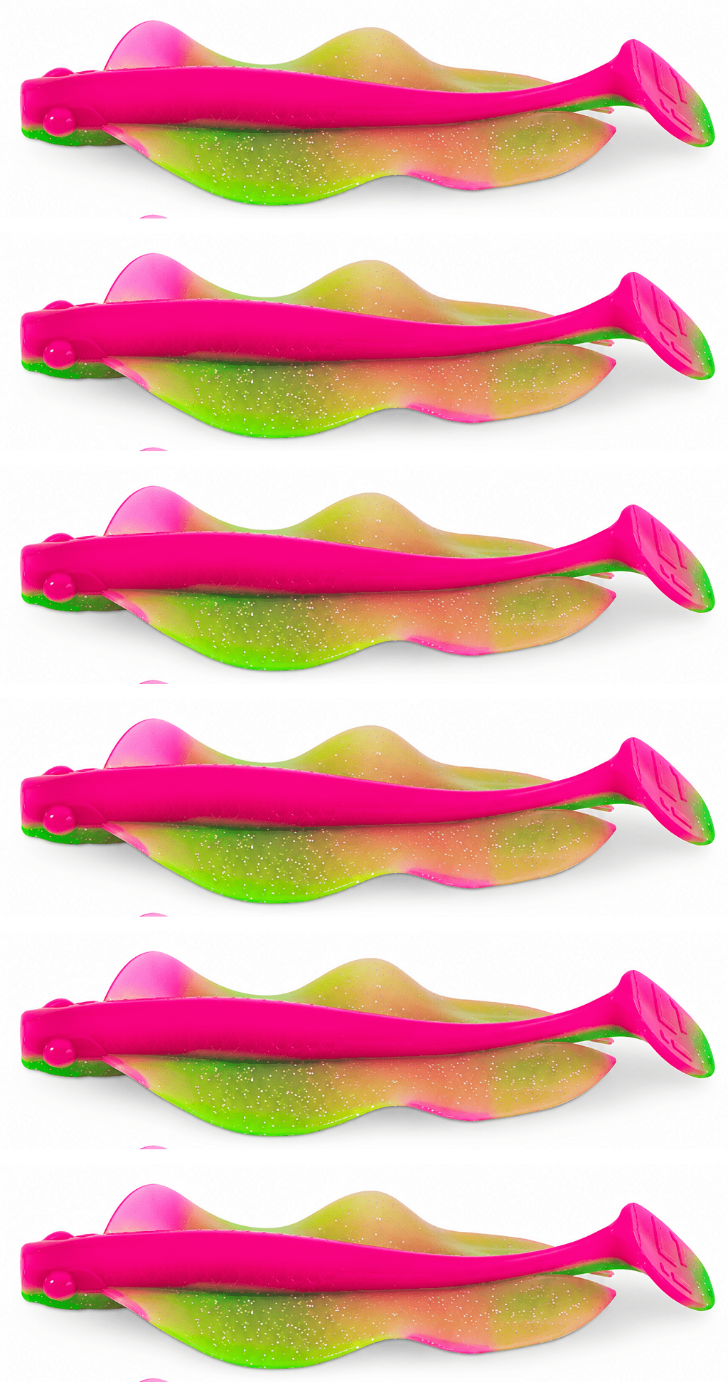Iron Claw Barsch & Zander Wave Glider 7cm Watermelon 6 Stück, Angelköder, Gummiköder, Paddle-Tail, pink-grün, Glitzer